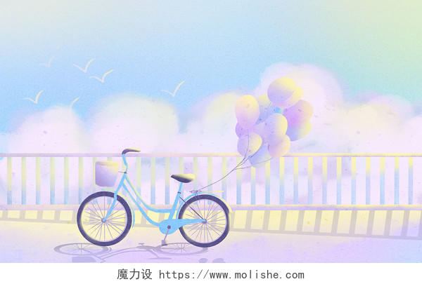 夏天唯美风景海边单车梦幻阳光海鸥旅行气球立夏